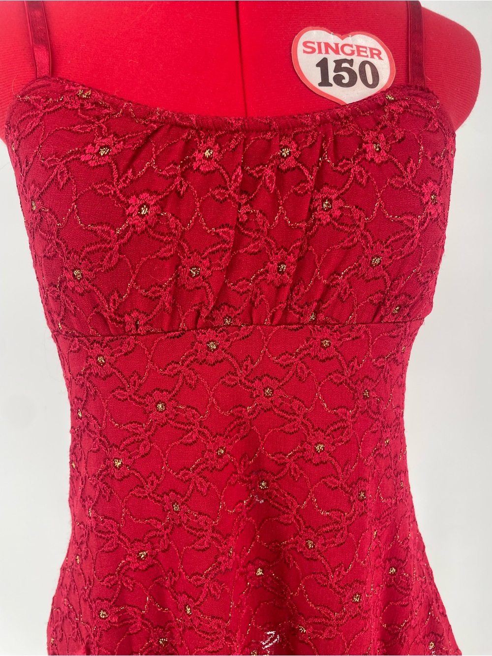90s Y2K Red A. Byer Lacey Tank Top Cami Floral Pattern W Metallic Details - Picture 3 of 8